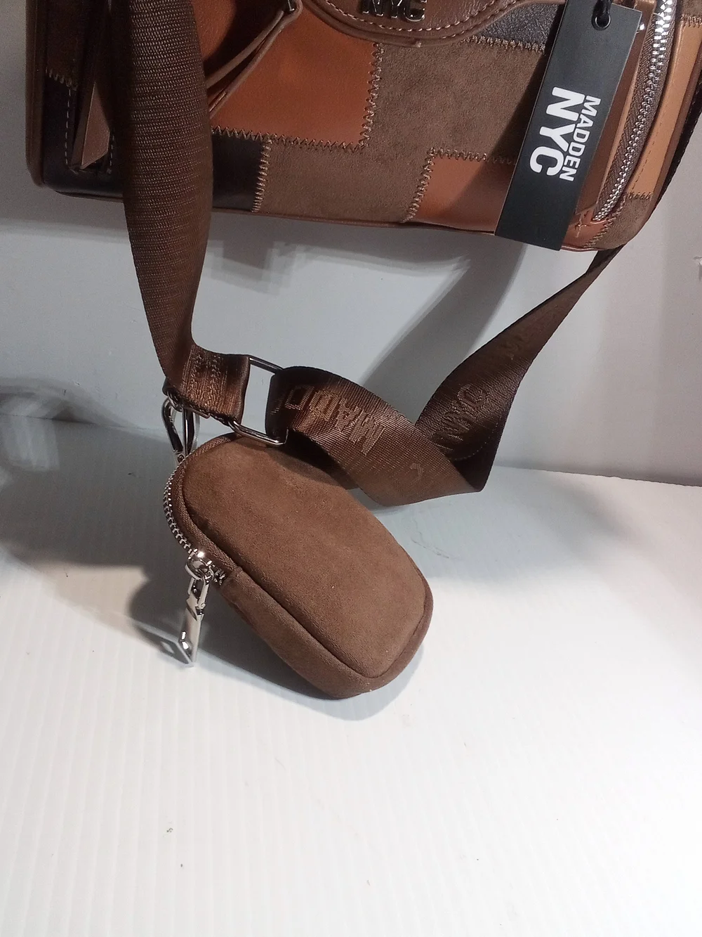 Madden NYC Brown Patchwork Satchel Top Handle, Small, Detachable Strap Zip